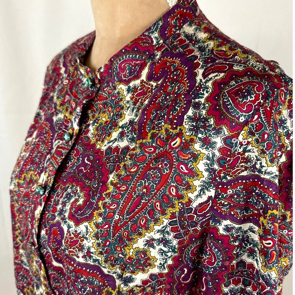Talbots Popover Top Paisley Multicolored Blue Glass Buttons Womens Sz 12 Fall - Picture 4 of 8